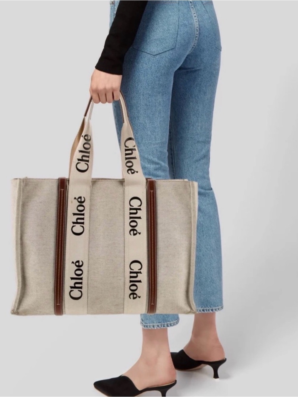 Authentic Chloé Beige Canvas Logo Tote with Brown Trim